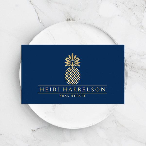 Elegant Golden Pineapple Logo on Navy Blue