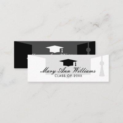 Elegant graduate name cards with academic cap logo