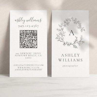 Elegant Gray Monogram QR Code Floral Crest