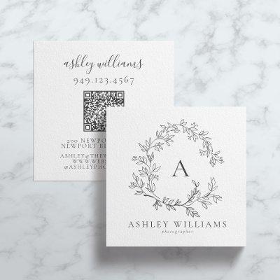Elegant Gray QR Code Monogram Floral Crest  Square