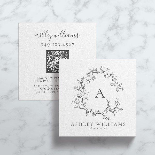 Elegant Gray QR Code Monogram Floral Crest  Square