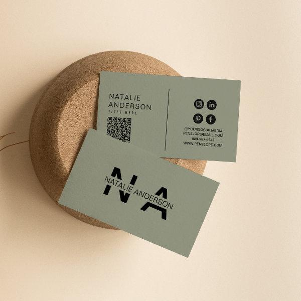 Elegant Green Neutral QR Code Monogram Logo Boho