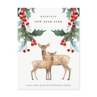 ELEGANT GREEN RED HOLLY BERRY DEER DUO NEW YEAR HOLIDAY POSTCARD