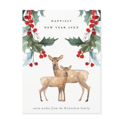 ELEGANT GREEN RED HOLLY BERRY DEER DUO NEW YEAR HOLIDAY POSTCARD