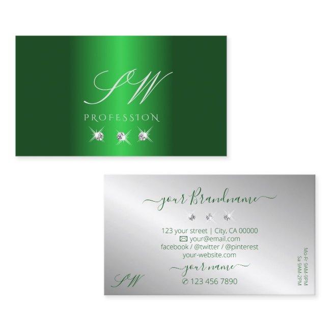 Elegant Green Silver Sparkling Diamonds Initials