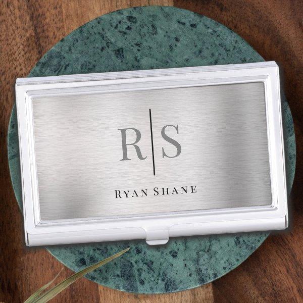 Elegant Grey Monogram & Black Name, Brushed Silver  Case