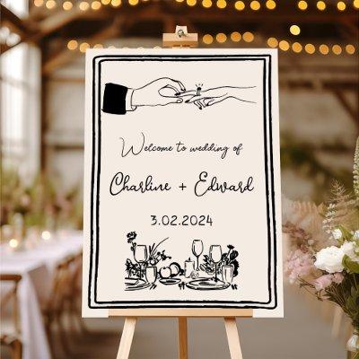 Elegant Hand Drawn Retro Black Wedding Sign