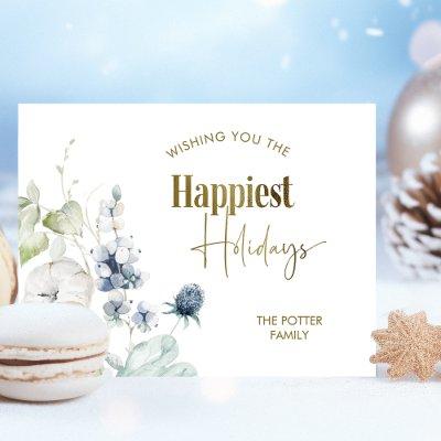 Elegant Happiest Holidays, Winter Greenery Holiday Postcard