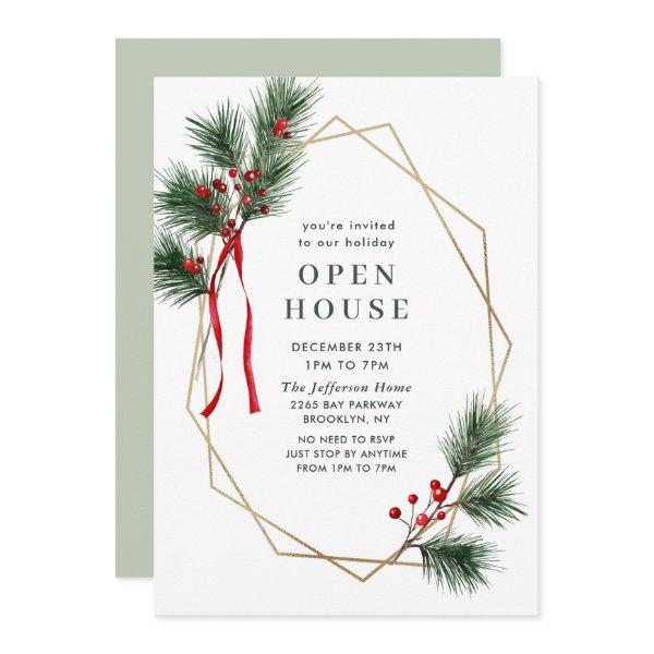 Elegant Holly Berry Pine Fir Christmas Open House Invitation