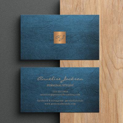 Elegant luxury blue leather copper gold monogram