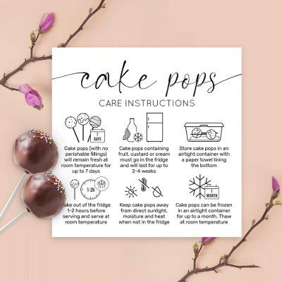 Elegant Minimal Cake Pops Care Instructions Cards