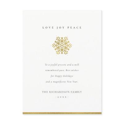 Elegant Minimal Faux Gold Snowflake Love Joy Peace Holiday Postcard