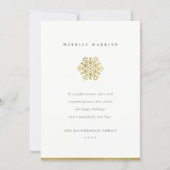 Elegant Minimal Gold Snowflake Merrily Married Holiday Card