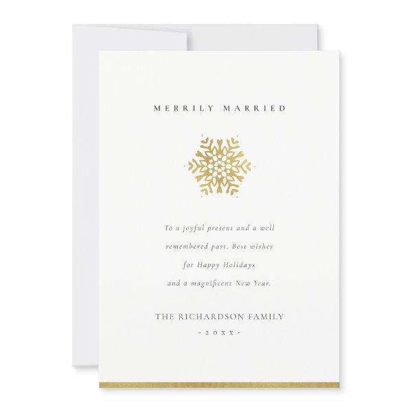 Elegant Minimal Gold Snowflake Merrily Married Holiday Card
