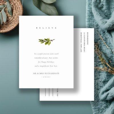 Elegant Minimal Pine Branch Christmas Believe Holiday Postcard