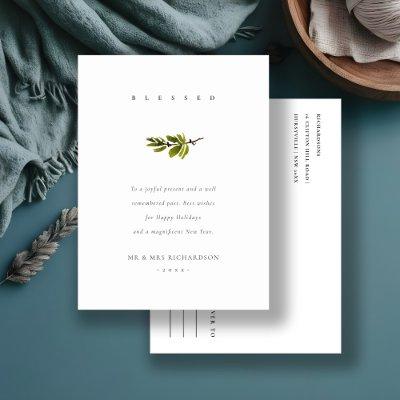 Elegant Minimal Pine Branch Christmas Blessed Holiday Postcard