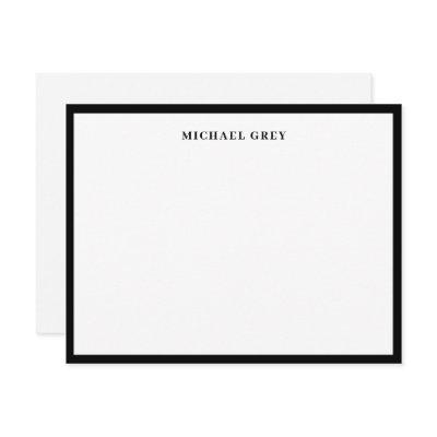 Elegant Minimalist Black White Name Border Flat Note Card