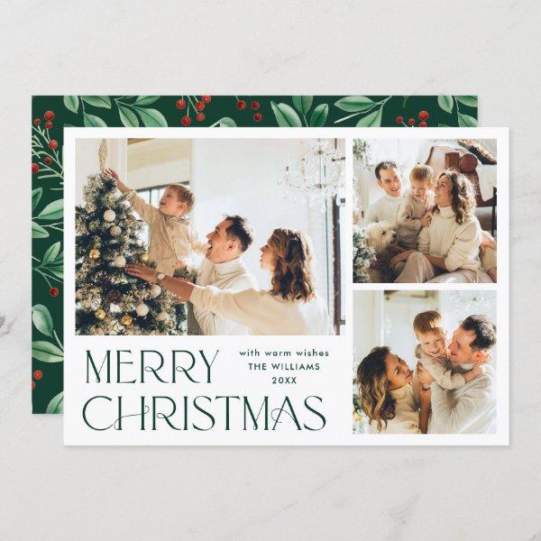 Elegant Minimalist Merry Christmas 3 Photo Holiday Card