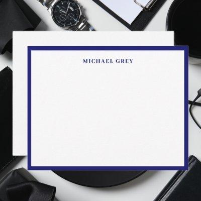 Elegant Minimalist Midnight Blue Name Border Flat Note Card