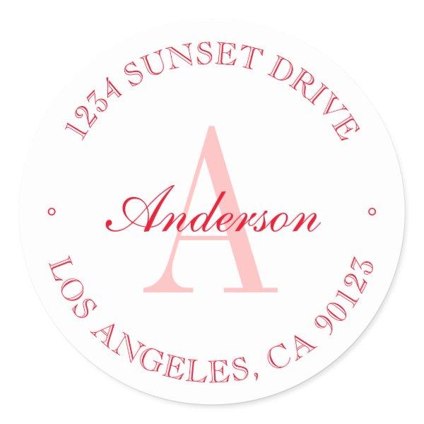 Elegant Minimalist White & Red Monogram Classic Round Sticker