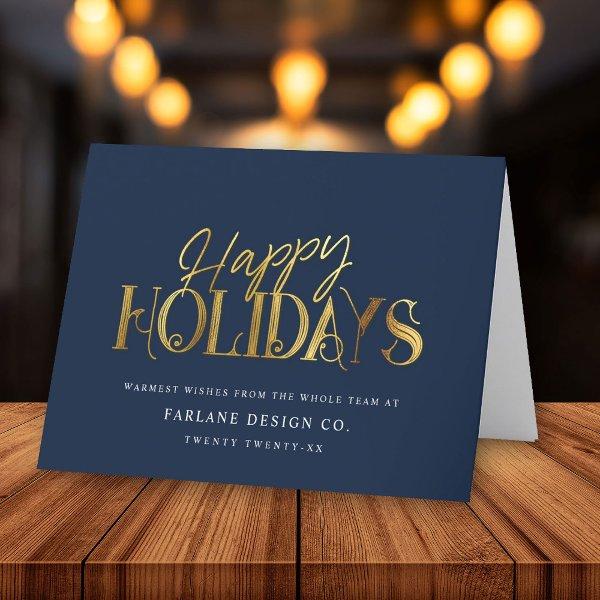 Elegant Modern Gold Script Business Corporate Blue Holiday Card
