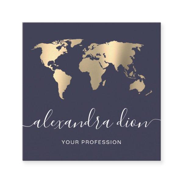 Elegant modern minimal gold blue world map square