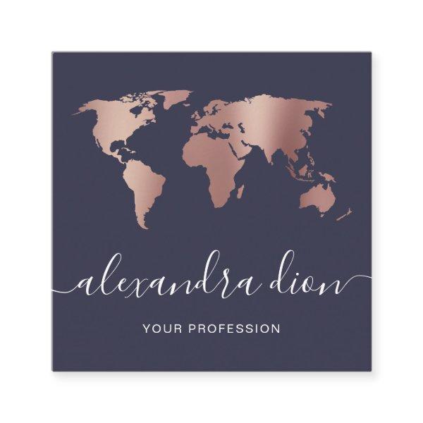 Elegant modern minimal rose gold blue world map square