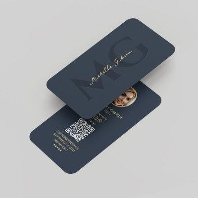 Elegant Modern Monogram Professional Dark Blue Qr