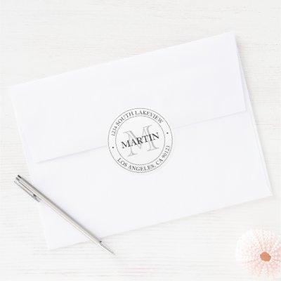 Elegant Modern Monogram White Black & Grey Classic Round Sticker