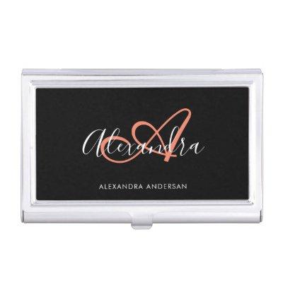 Elegant Monogram Black Coral Pink Script Name  Case