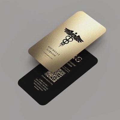 Elegant Monogram Black Faux Gold Caduceus Medical