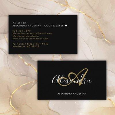 Elegant Monogram Black Gold Script Name