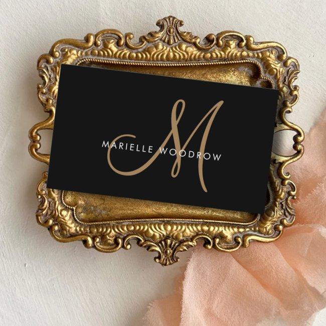 Elegant Monogram Black Gold Script Name