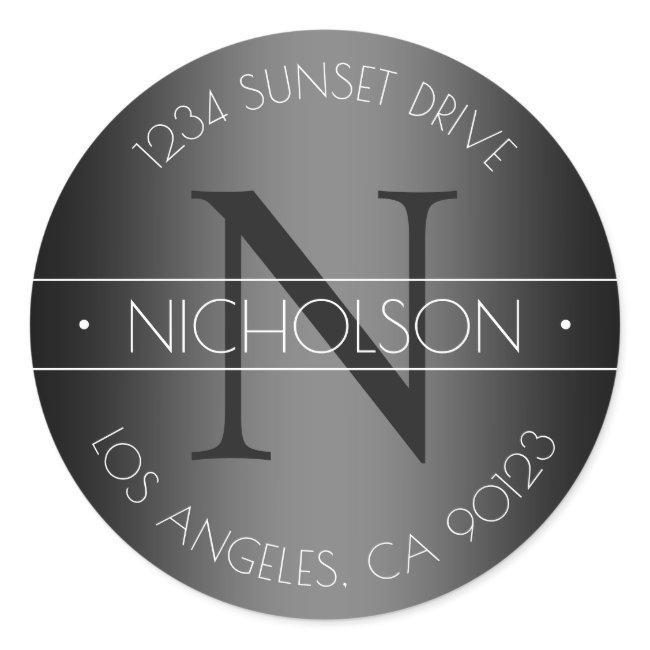 Elegant Monogram Black & White Return Address Classic Round Sticker