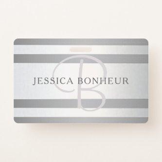 Elegant Monogram Faux Silver Gradient Grey Stripes Badge