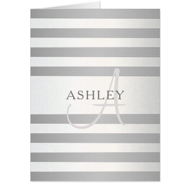 Elegant Monogram Faux Silver Gradient Grey Stripes Card