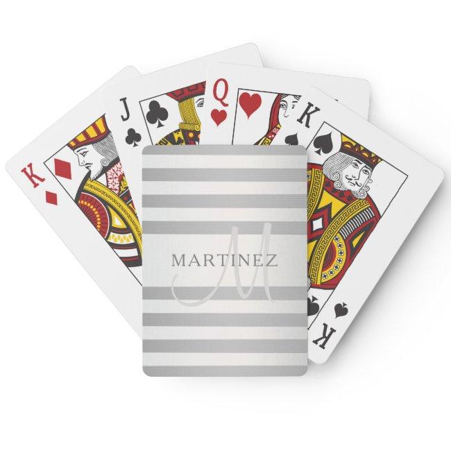 Elegant Monogram Faux Silver Gradient Grey Stripes Poker Cards