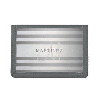 Elegant Monogram Faux Silver Gradient Grey Stripes Trifold Wallet