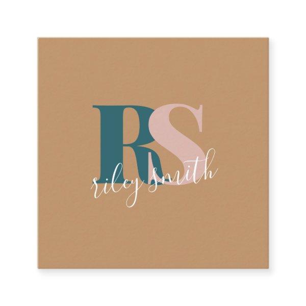 Elegant monogram modern brown teal professional square