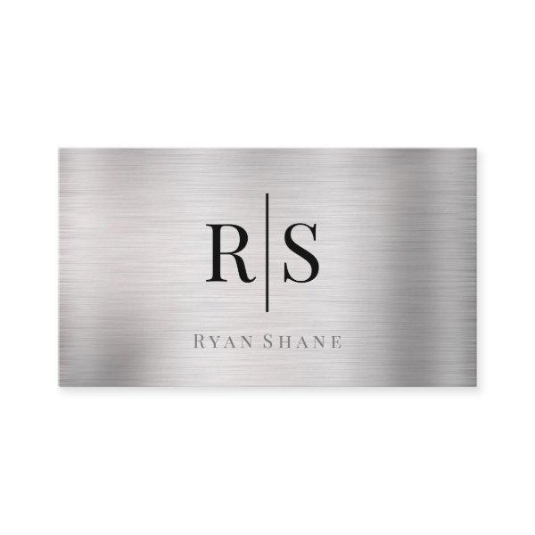 Elegant Monogram & Name,  QR Code, Brushed Silver