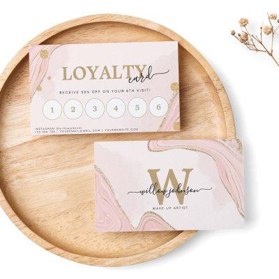Elegant Monogram Pink Gold Glitter Marble Agate Loyalty Card
