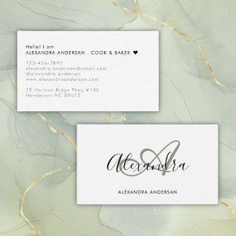 Elegant Monogram Sage Green Black Script Name