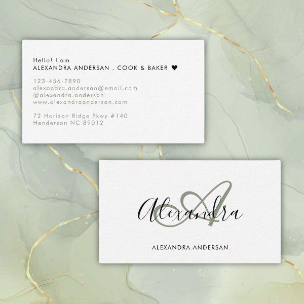 Elegant Monogram Sage Green Black Script Name