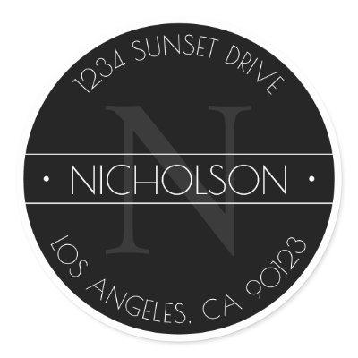 Elegant Monogrammed Black & White Return Address Classic Round Sticker