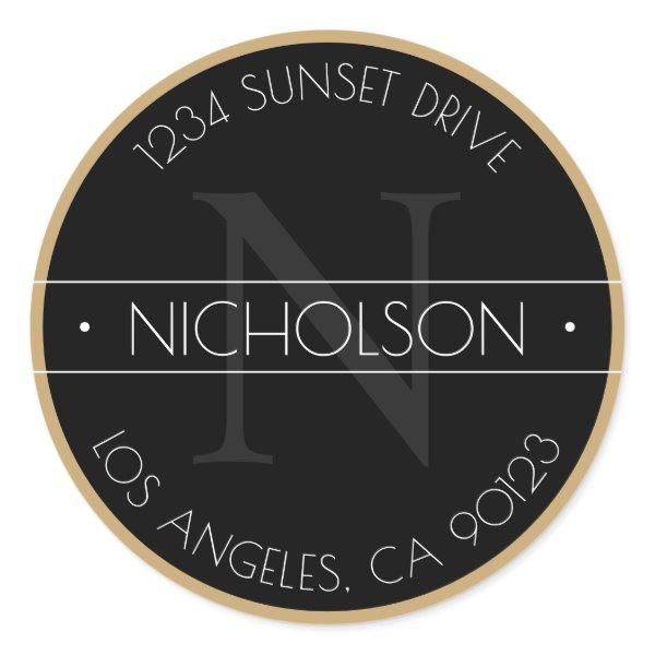 Elegant Monogrammed Faux Gold Black Return Address Classic Round Sticker
