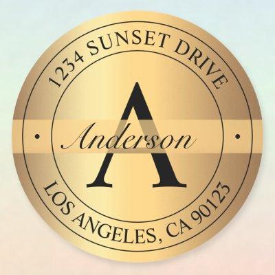 Elegant Monogrammed Faux Gold Black Return Address Classic Round Sticker