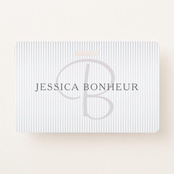 Elegant Name Monogram & Thin Grey Ombre Stripes Badge