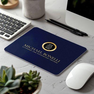 Elegant Navy Blue Leather Luxury Gold ROUND Logo  Mouse Pad