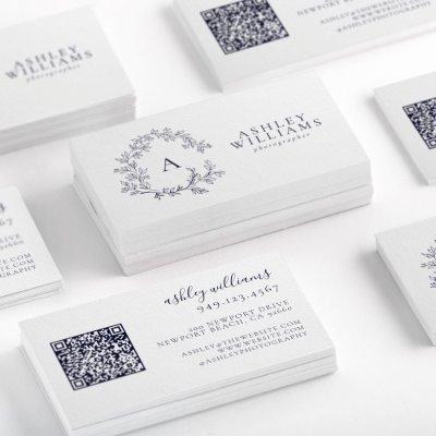 Elegant Navy Blue Monogram Floral Crest QR Code