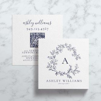 Elegant Navy Blue QR Code Monogram Floral Crest  Square